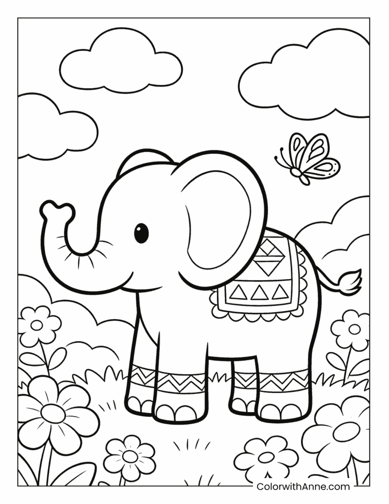 Decorated Elephant in the Meadow Coloring Page
