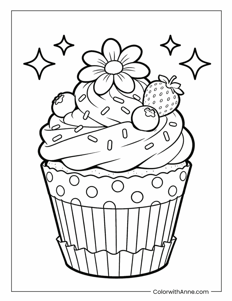Decorative Cupcake with Fruits and Stars Coloring Page