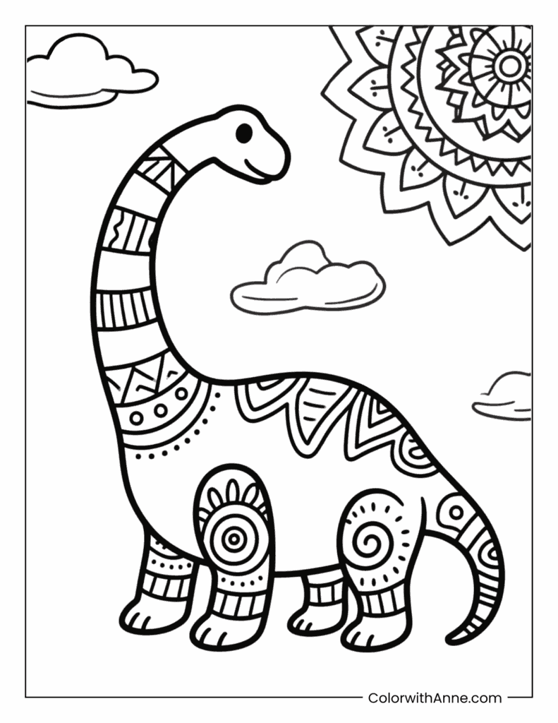 Decorative Tribal-Style Brachiosaurus Coloring Page
