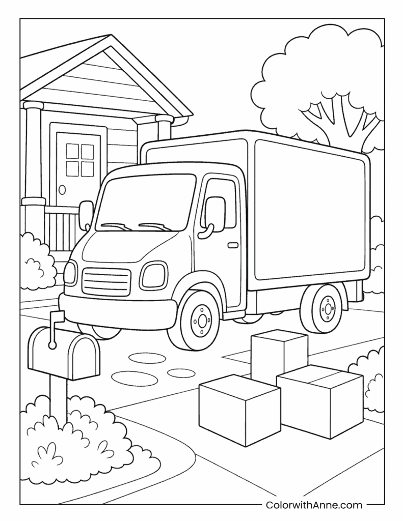 Delivery Van Parked At House Mailbox Coloring Page