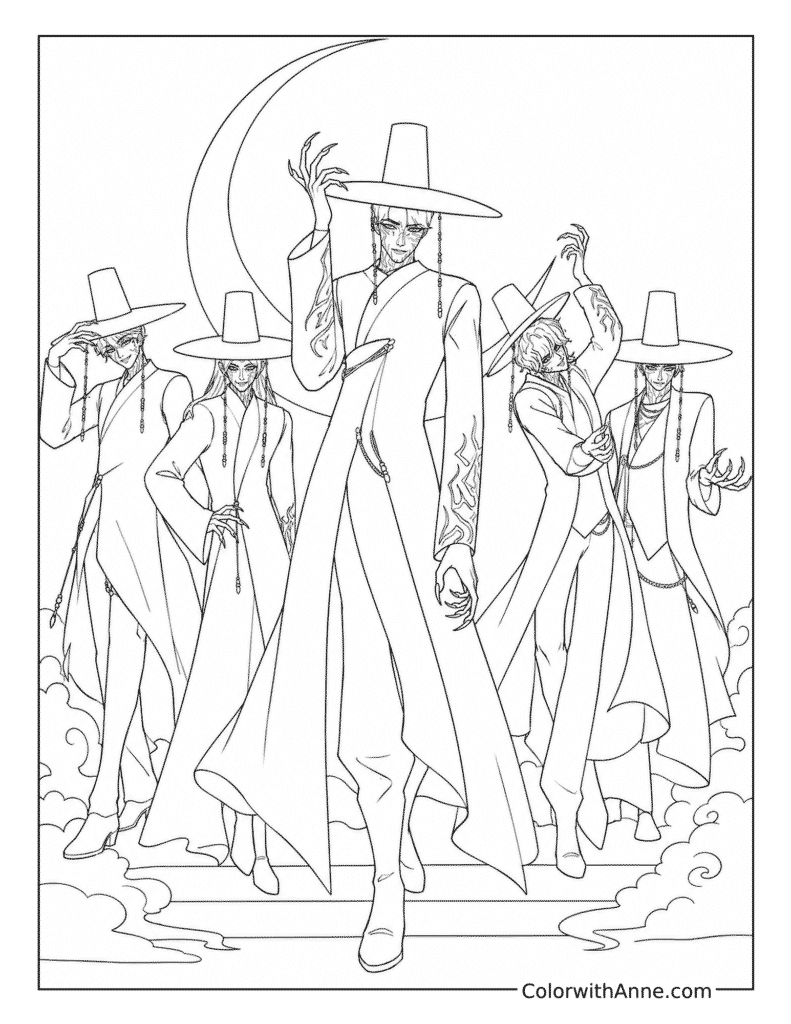 Demon Saja Boys in Moonlit Procession Coloring Page