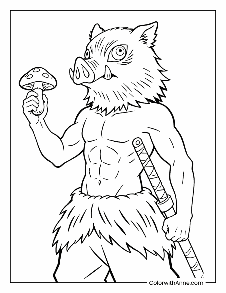Demon Slayer Inosuke Hashibira Holding Mushroom and Sword Coloring Page