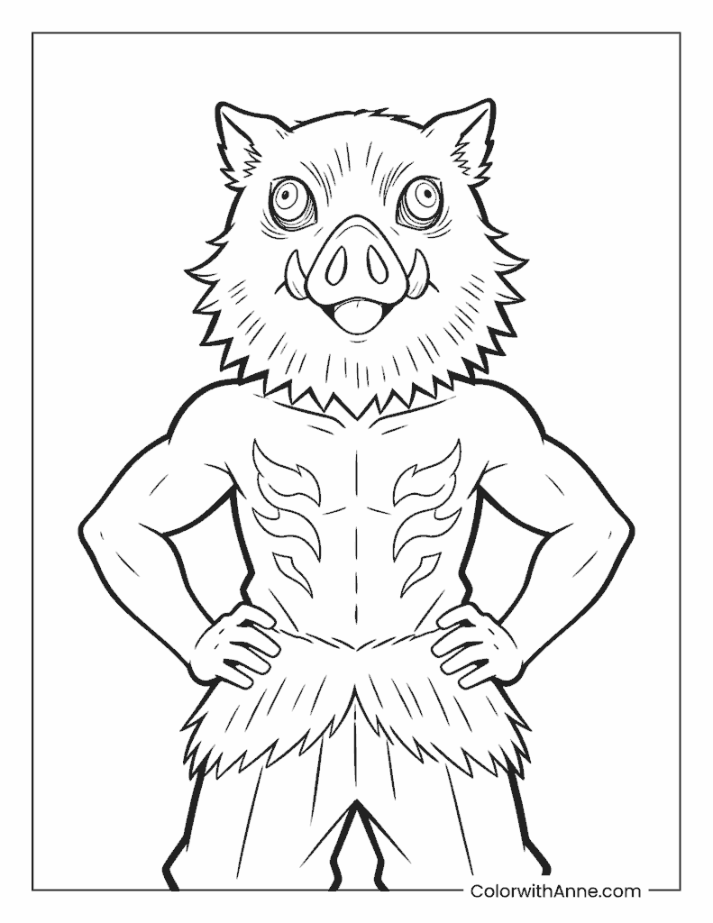Demon Slayer Inosuke Hashibira Standing with Boar Head Coloring Page