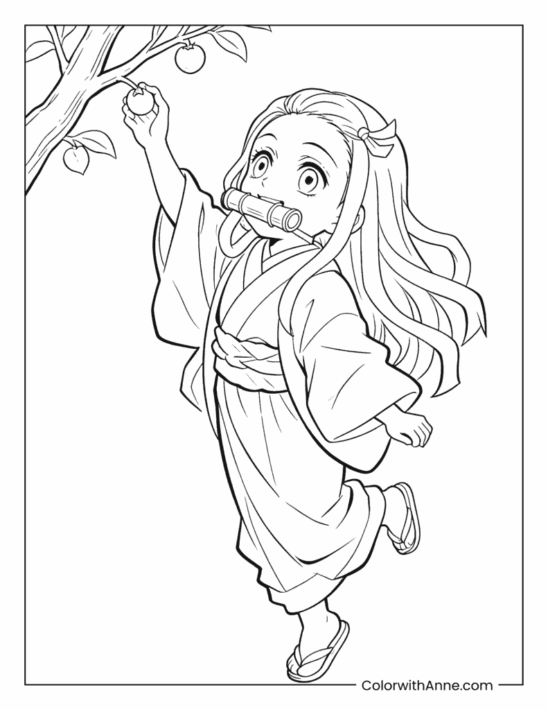 Demon Slayer Nezuko Kamado Catching an Apple Coloring Page