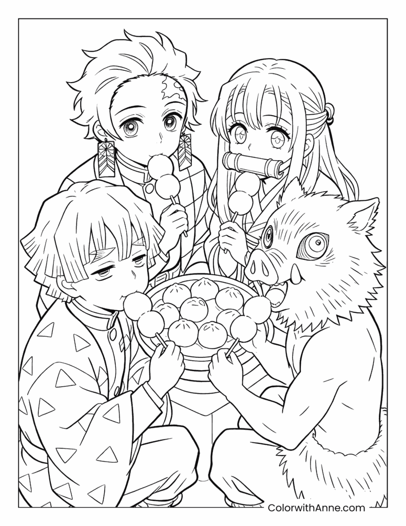 Demon Slayer Tanjiro Kamado, Mitsuri Kanroji, and Inosuke Hashibira with Dango Coloring Page