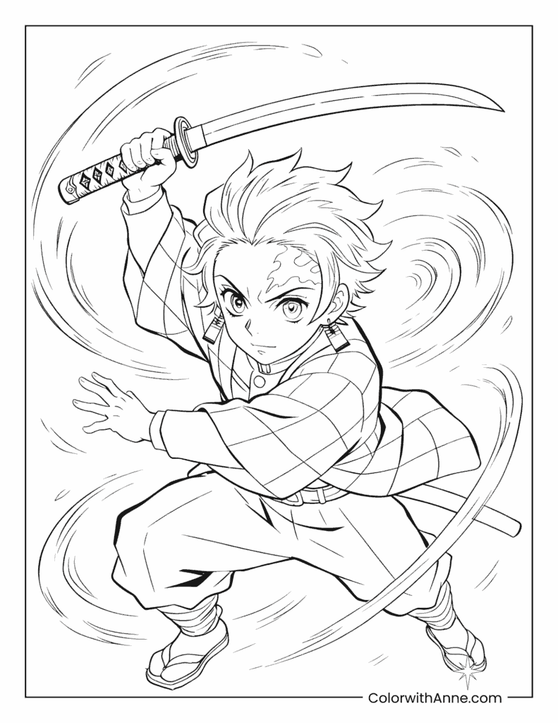 Demon Slayer Tanjiro Kamado in Fighting Stance Coloring Page