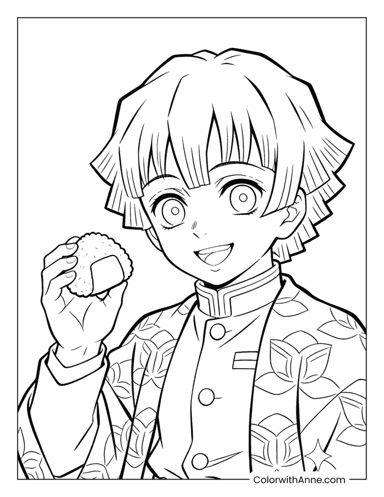 Demon Slayer Zenitsu Agatsuma Holding Rice Ball Coloring Page