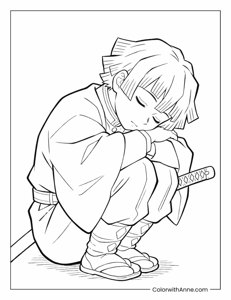 Demon Slayer Zenitsu Agatsuma Sleeping with Sword Coloring Page