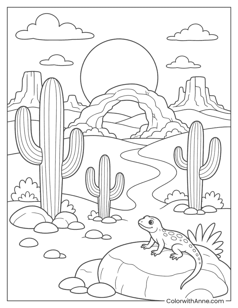 Desert Cactus Sunset Coloring Page