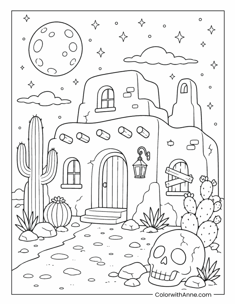 Desert Haunted Adobe House with Cacti and Skull Coloring Page