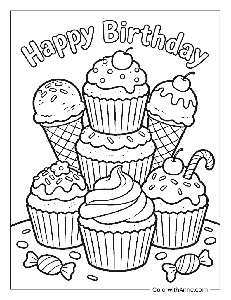 Dessert Tower Happy Birthday Coloring Page