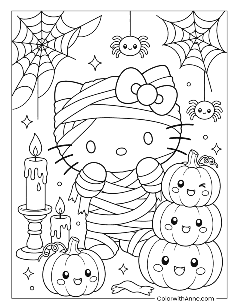 Detailed Hello Kitty Mummy with Stack of Pumpkins Coloring Page