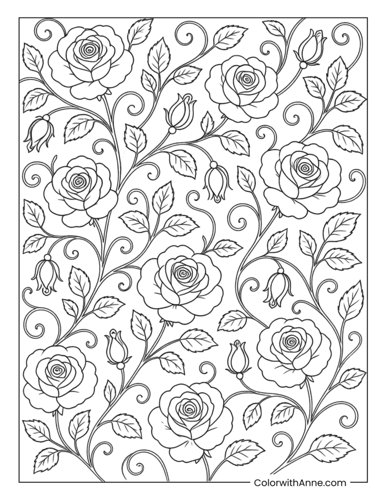 Detailed Rose Flower Pattern Coloring Page