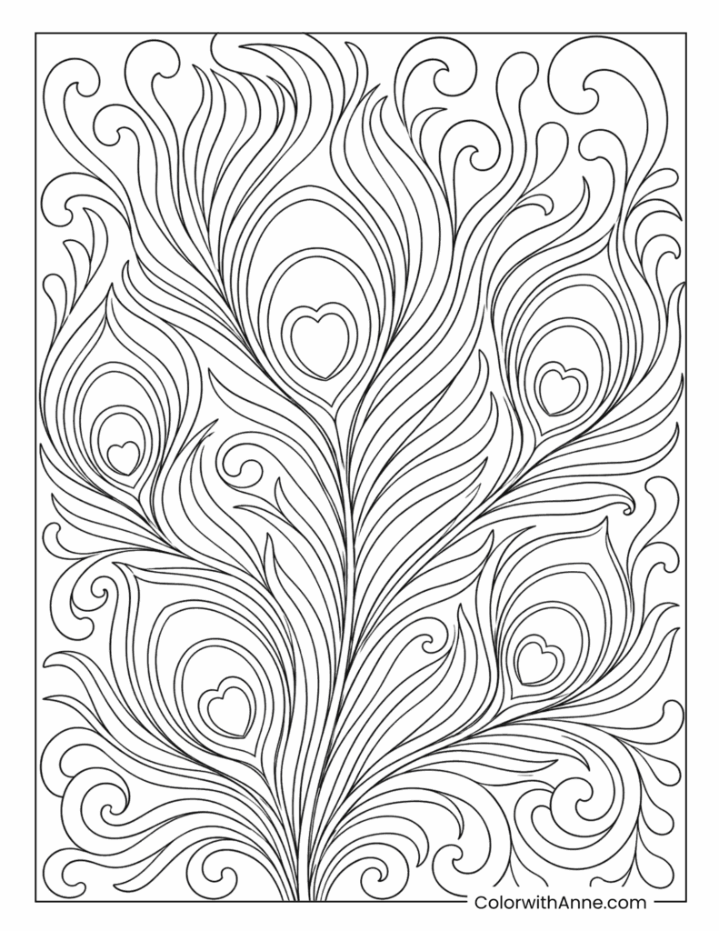 Detailed Swirling Peacock Feather Trippy Coloring Page