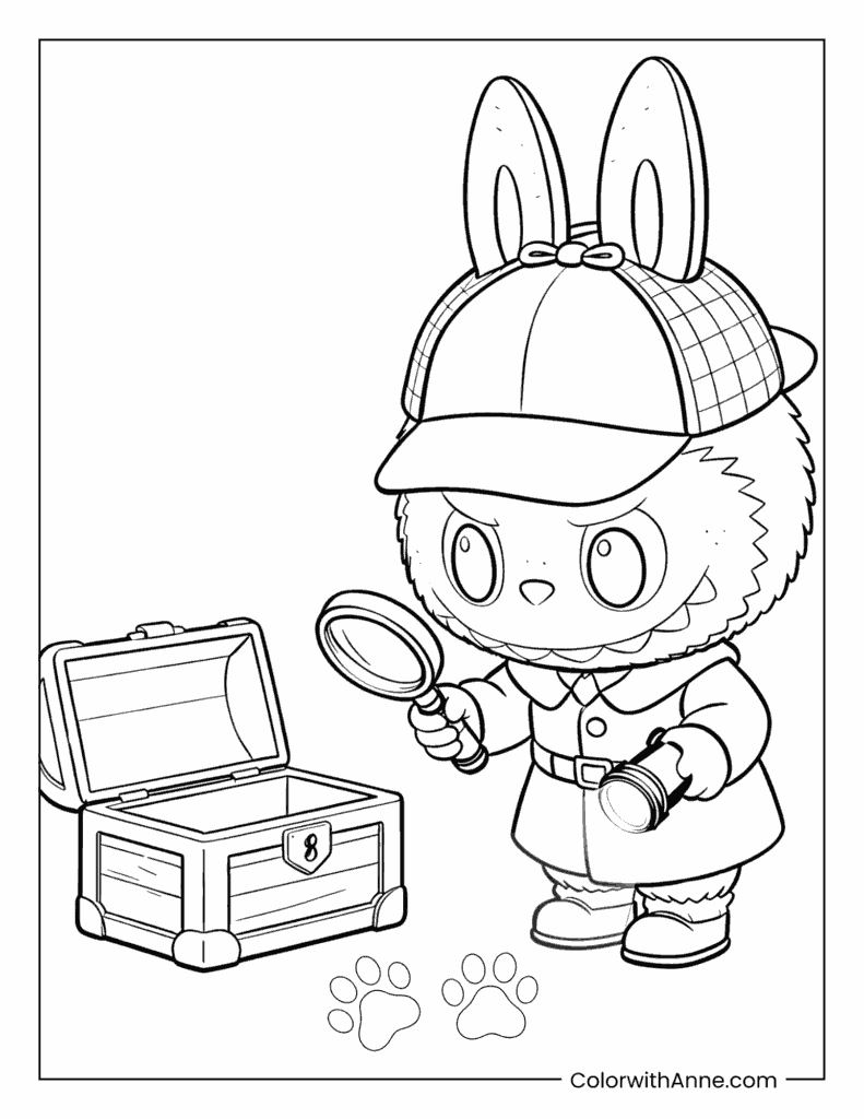 Detective Labubu and the Treasure Chest Coloring Page