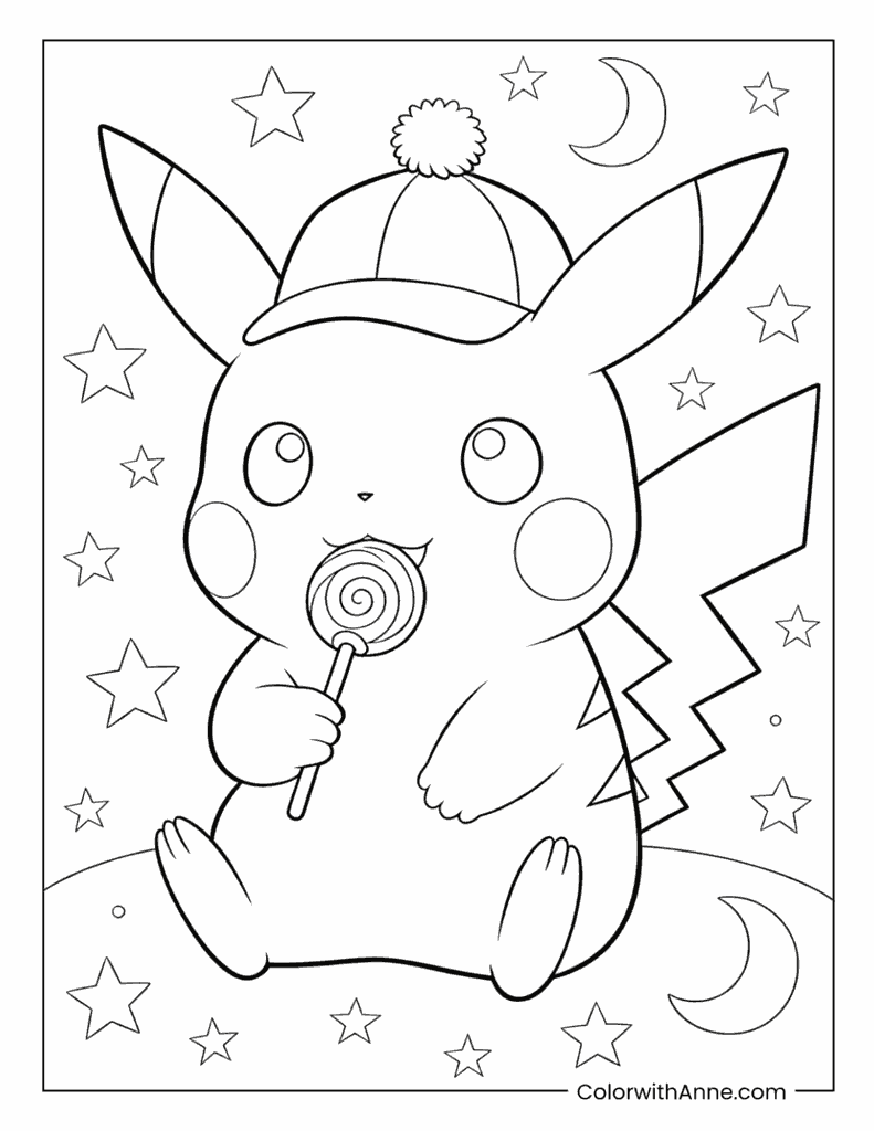 Detective Pikachu with a Giant Lollipop Coloring Page