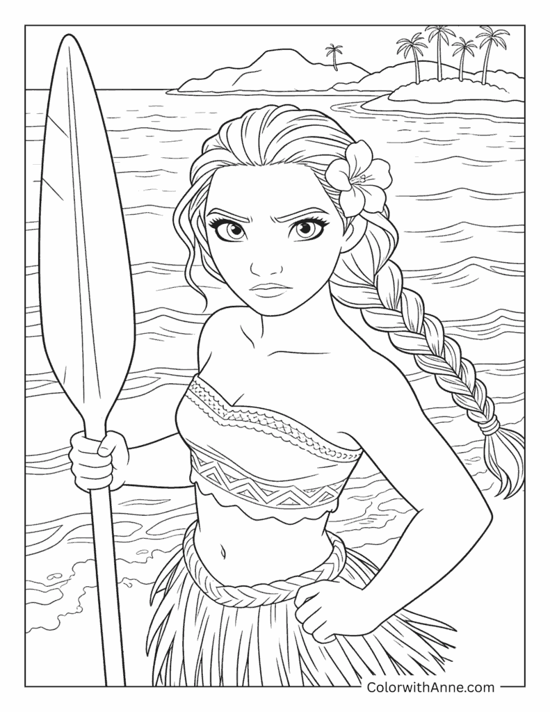 Determined Moana with Her Paddle Coloring Page