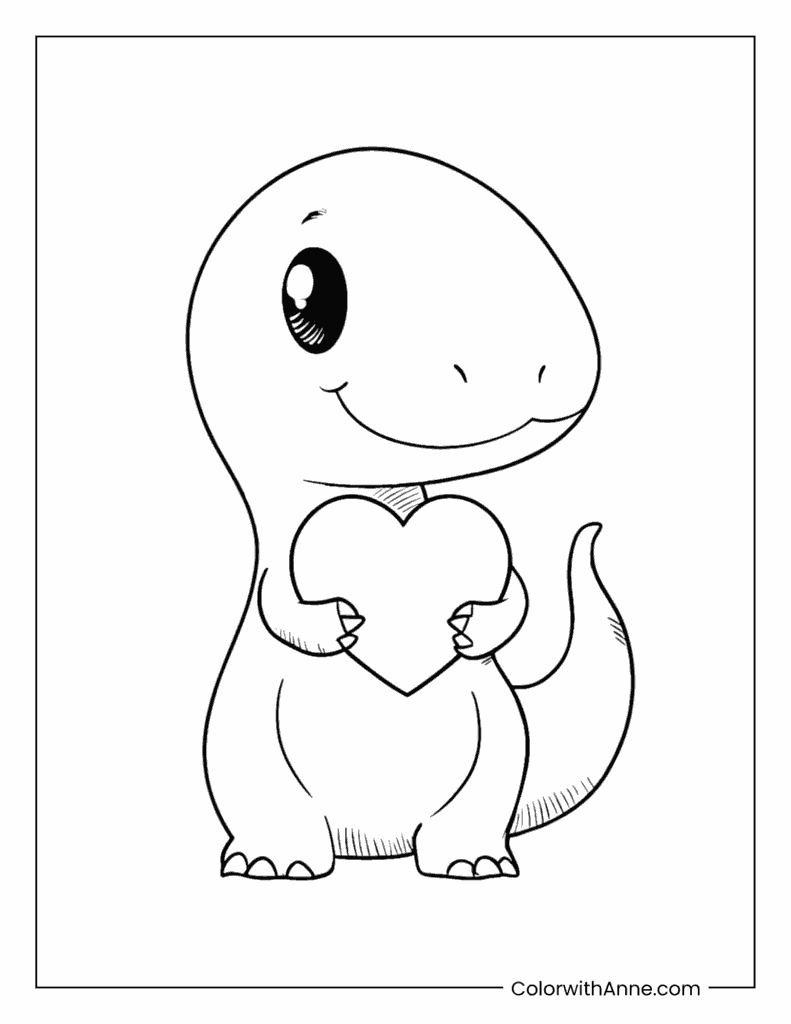 Dinosaur Holding a Heart Coloring Page