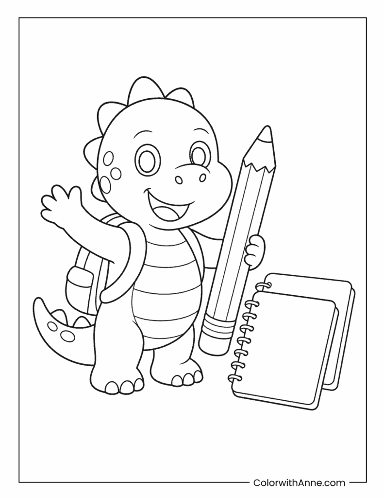 Dinosaur Student Holding a Giant Pencil Coloring Page