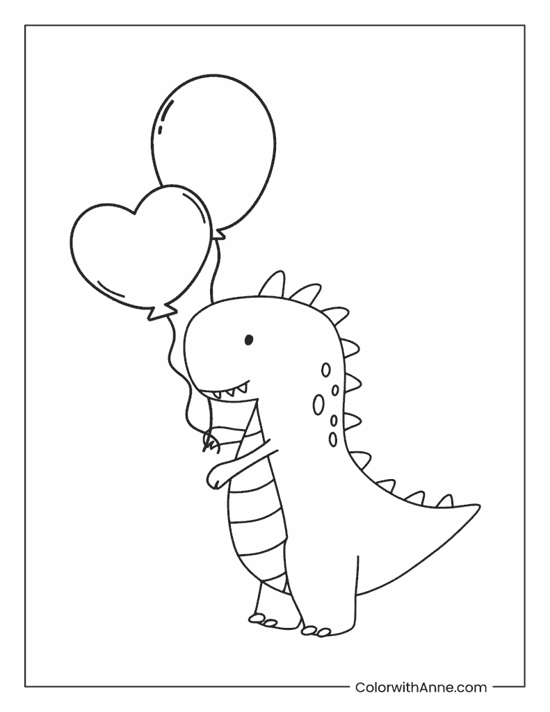 Dinosaur with Balloons Coloring Page