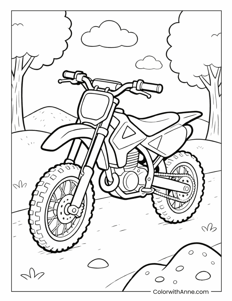 Dirt Bike in a Field with Trees Coloring Page