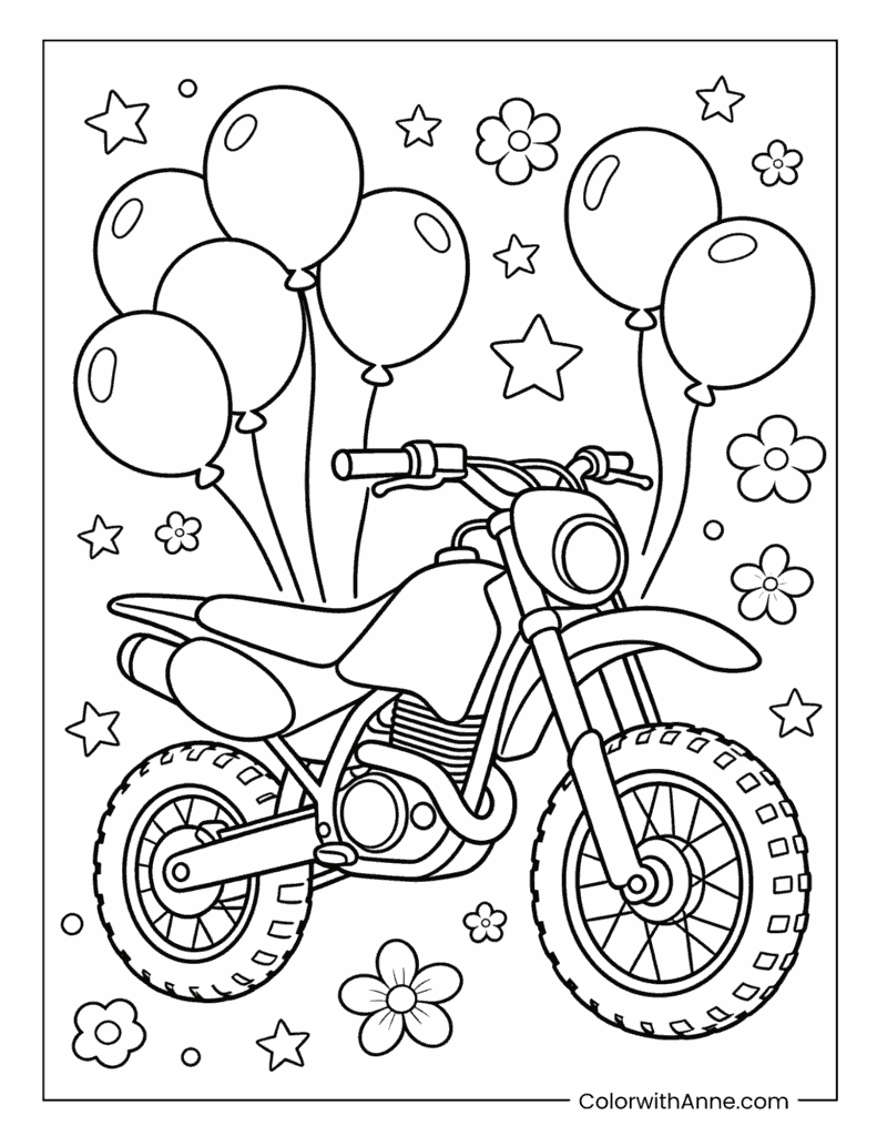 Dirt Bike with Balloons and Stars Coloring Page