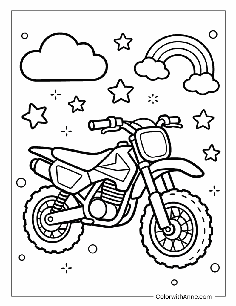 Dirt Bike with Rainbow and Clouds Coloring Page