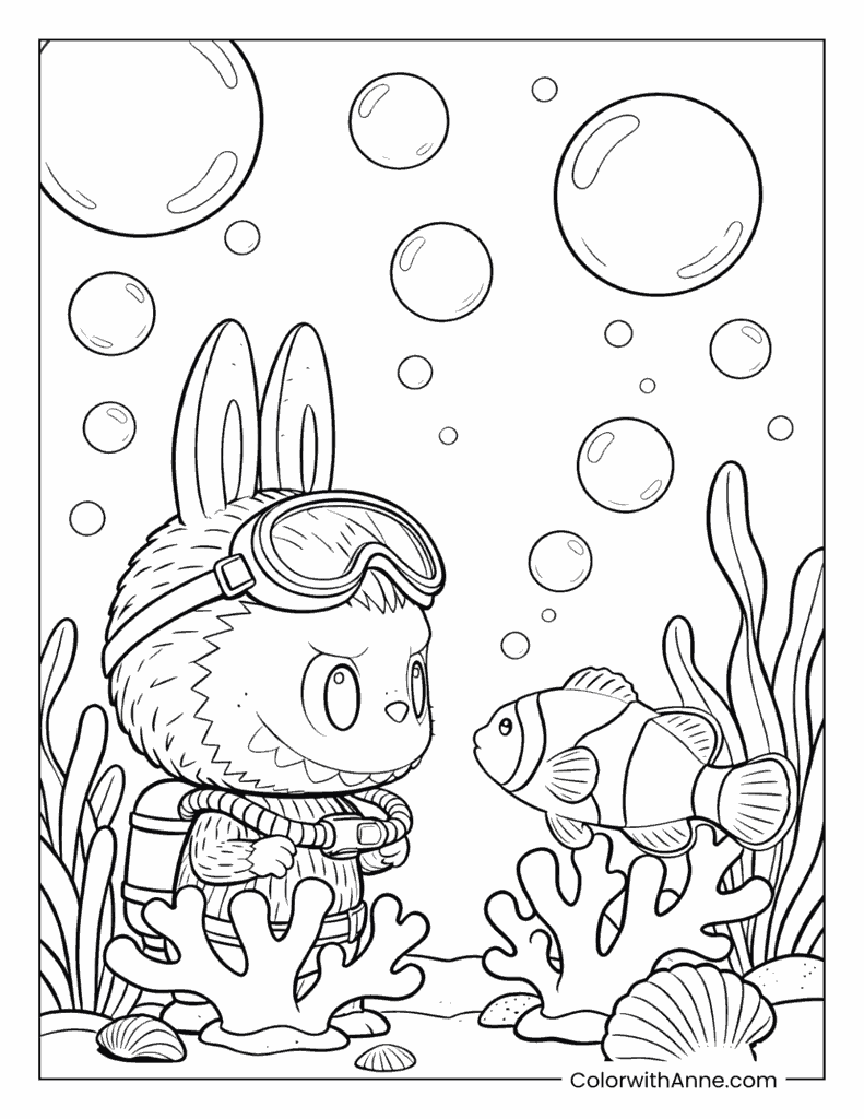 Diver Labubu and Clownfish Coloring Page