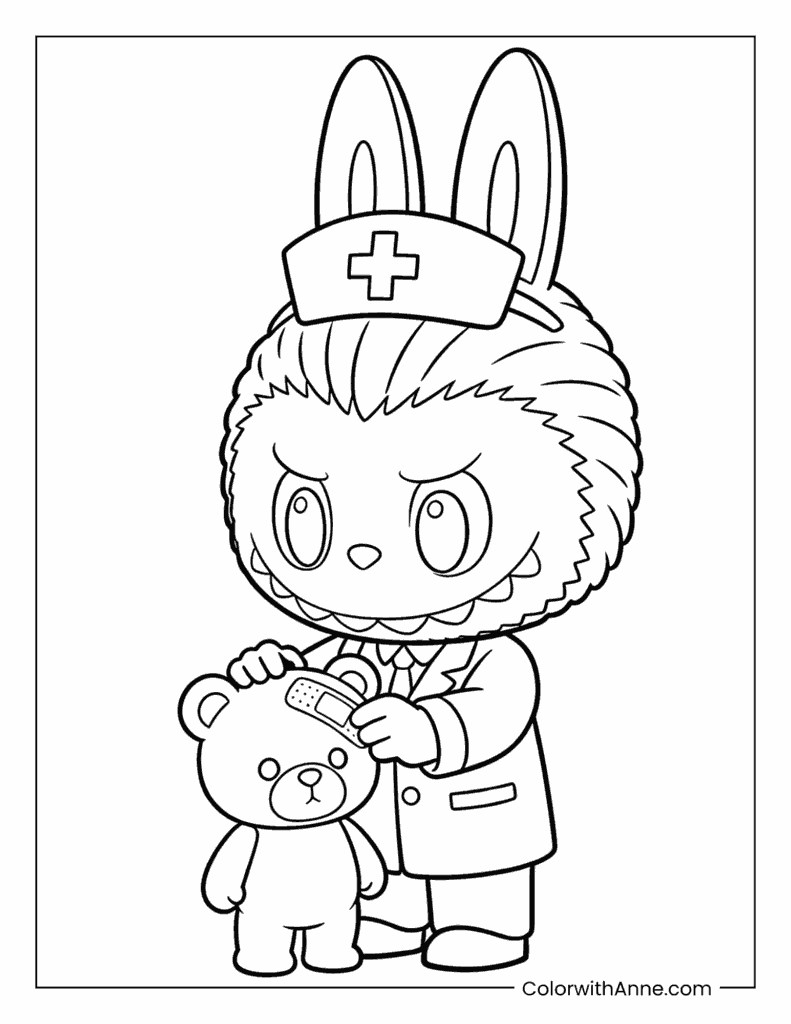Doctor Labubu and Teddy Bear Coloring Page