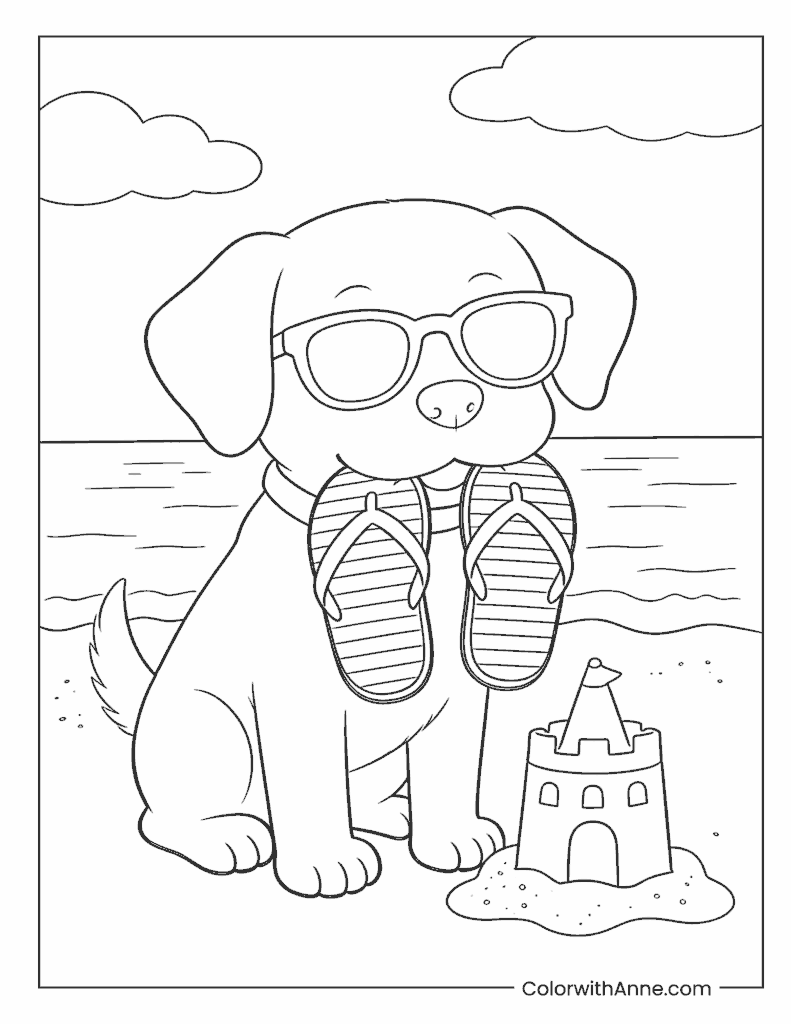 Dog with Sandals and Sand Castle Coloring Page