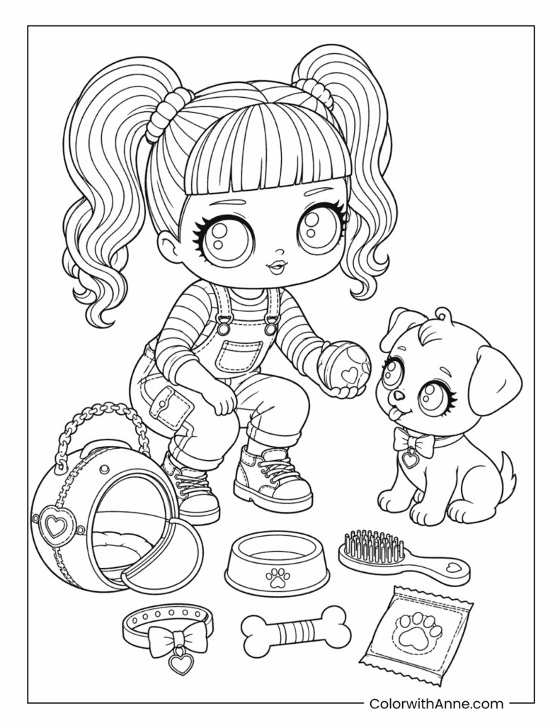 Doll Offering a Toy Ball to Puppy Coloring Page