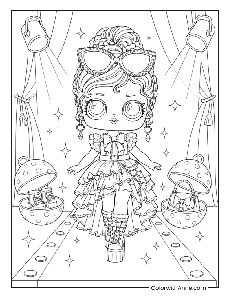 Doll on Glitter Runway with Accessories Coloring Page