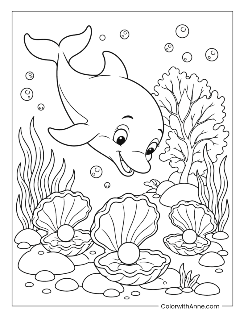 Dolphin Discovering Pearls in Oyster Shells Coloring Page