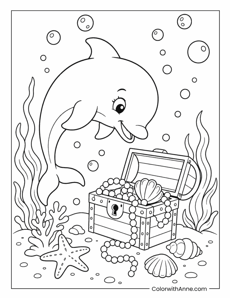 Dolphin Discovering an Underwater Treasure Chest Coloring Page
