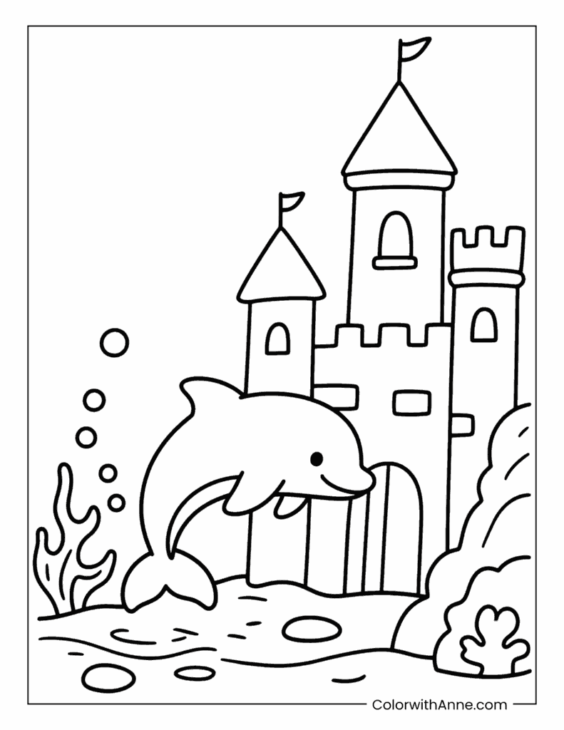 Dolphin Exploring an Underwater Castle Coloring Page
