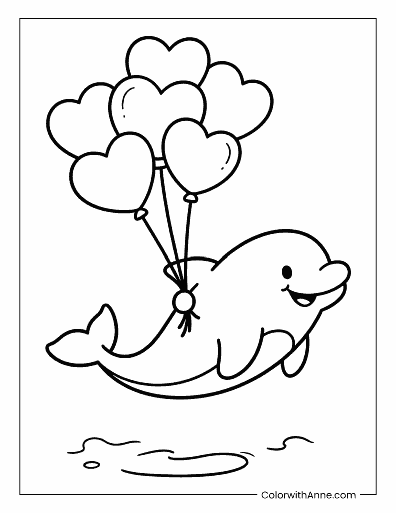Dolphin Floating with Heart Balloons Coloring Page