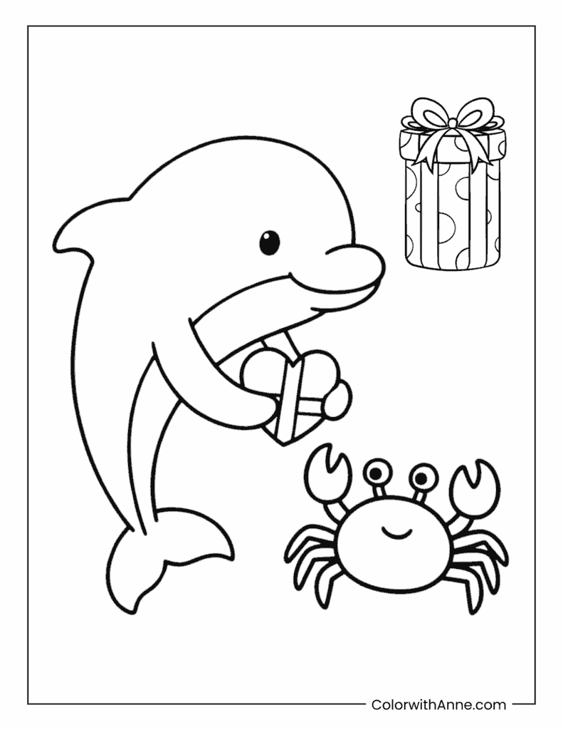 Dolphin Giving a Heart-Shaped Gift to a Crab Coloring Page