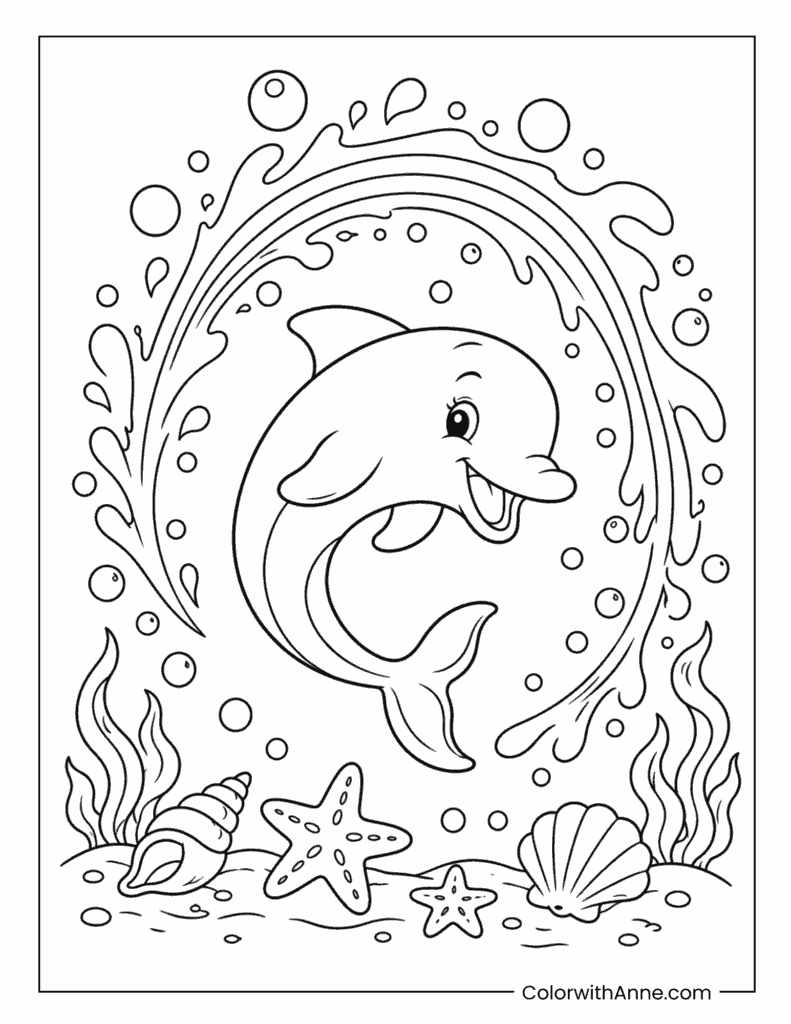 Dolphin Jumping Through a Splashing Water Ring Coloring Page
