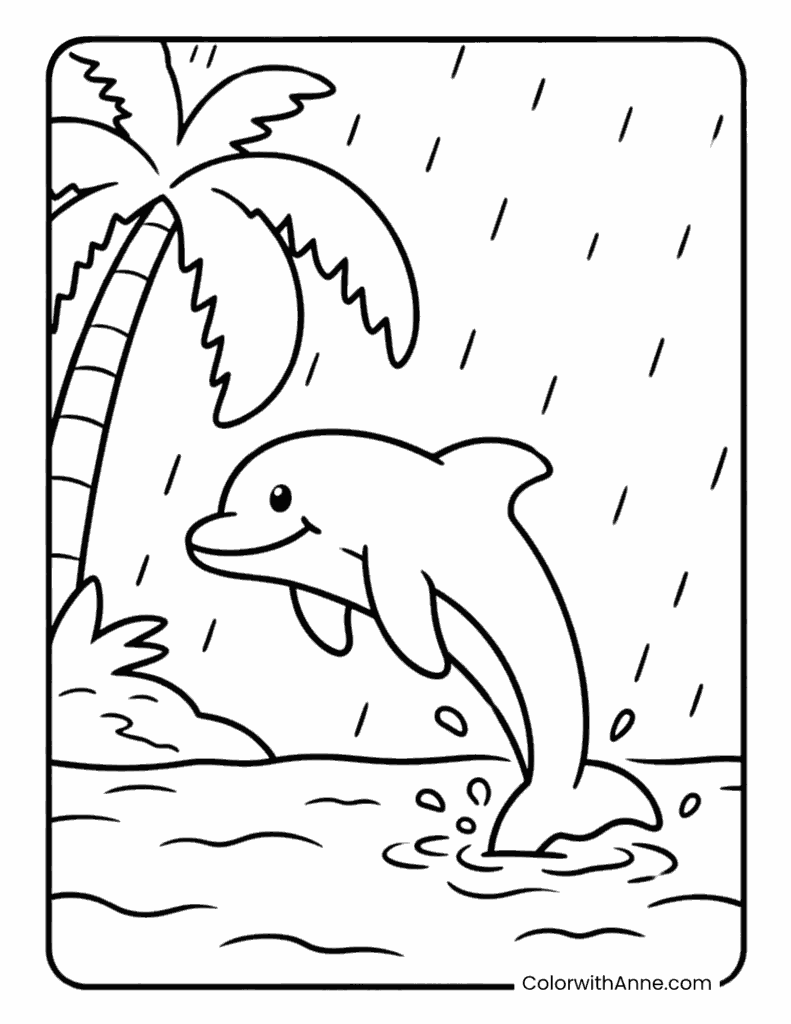 Dolphin Playing in the Rain Coloring Page
