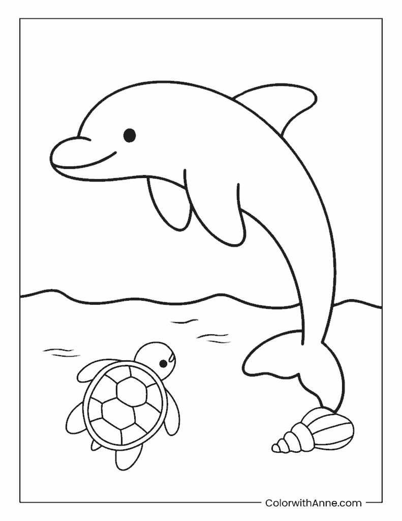 Dolphin Swimming with Sea Turtles Coloring Page