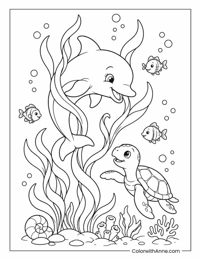 Dolphin Swimming with a Sea Turtle and Fish Coloring Page