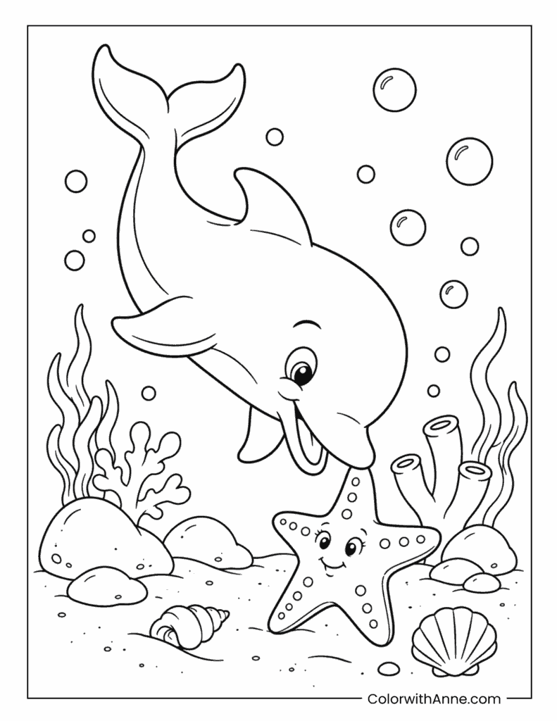 Dolphin Visiting a Smiling Starfish Underwater Coloring Page