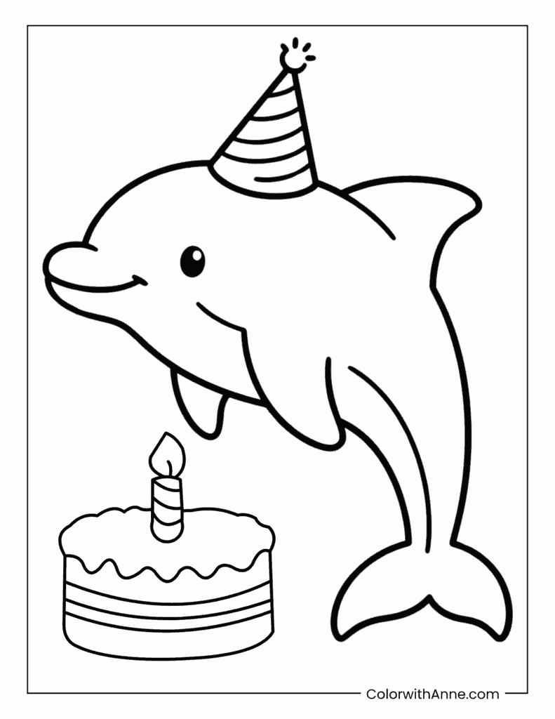 Dolphin Wearing a Birthday Hat Coloring Page