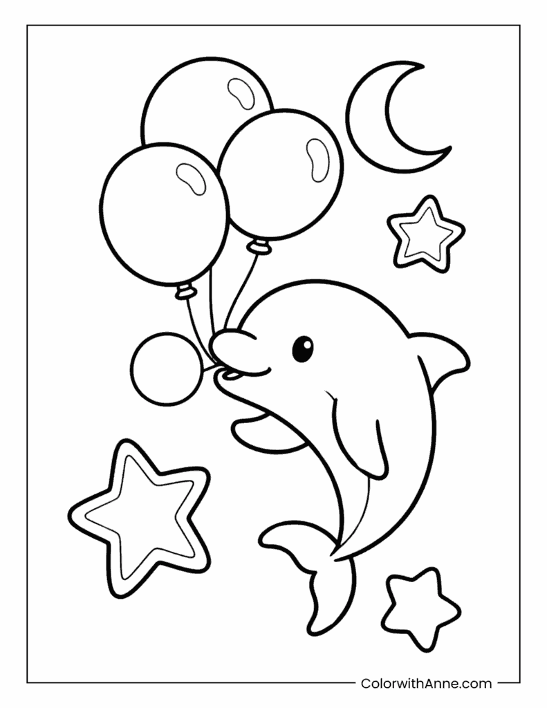 Dolphin and Balloons Coloring Page
