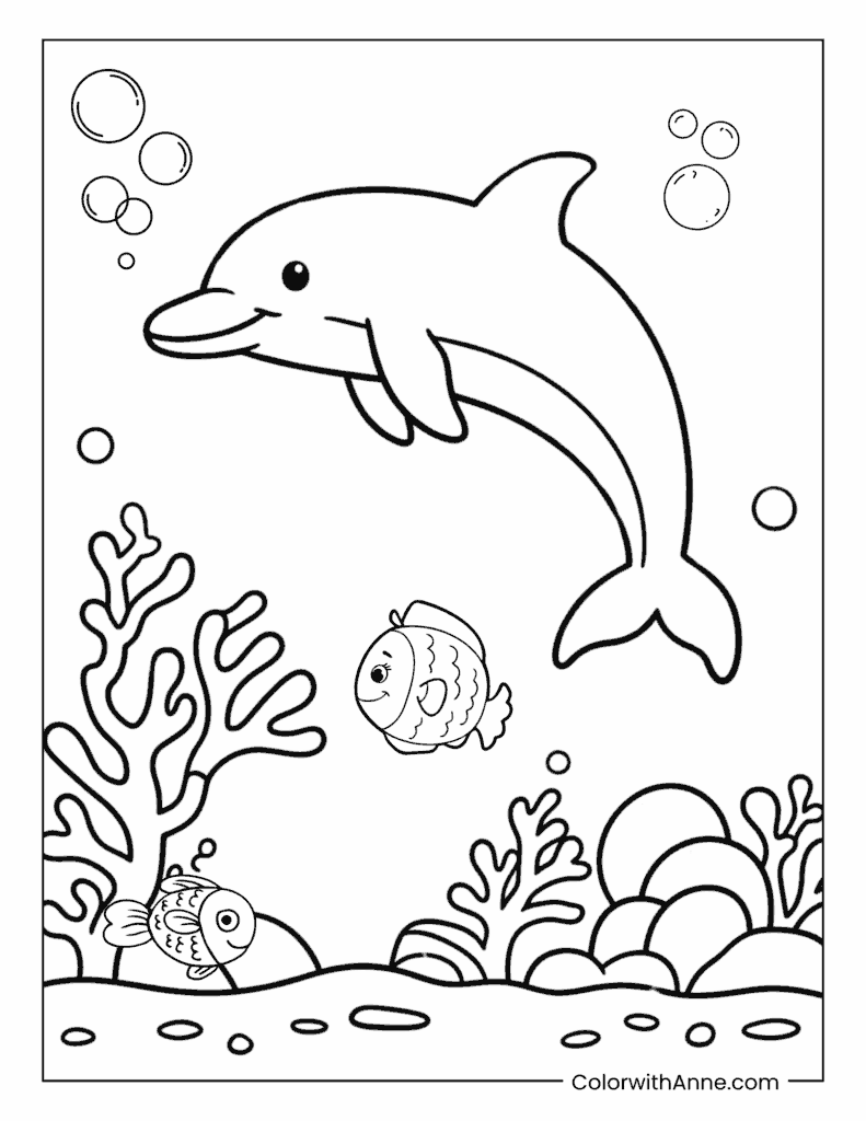 Dolphin and Coral Reef Full of Fish Coloring Page