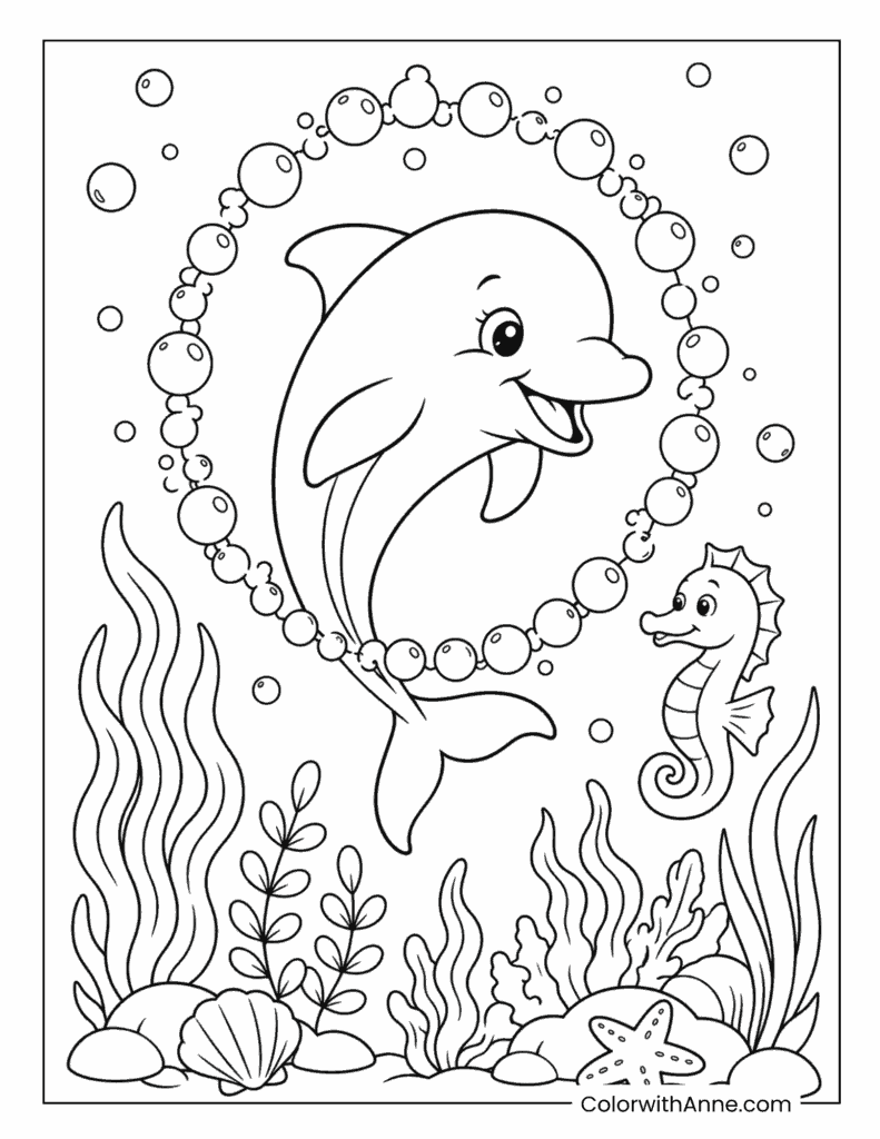 Dolphin and Seahorse Surrounded by Bubbles Coloring Page
