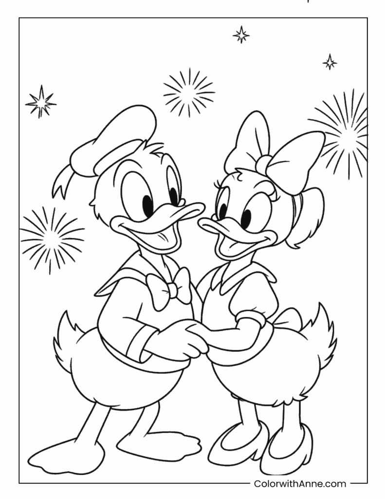 Donald Duck And Daisy Duck Under Fireworks Coloring Page