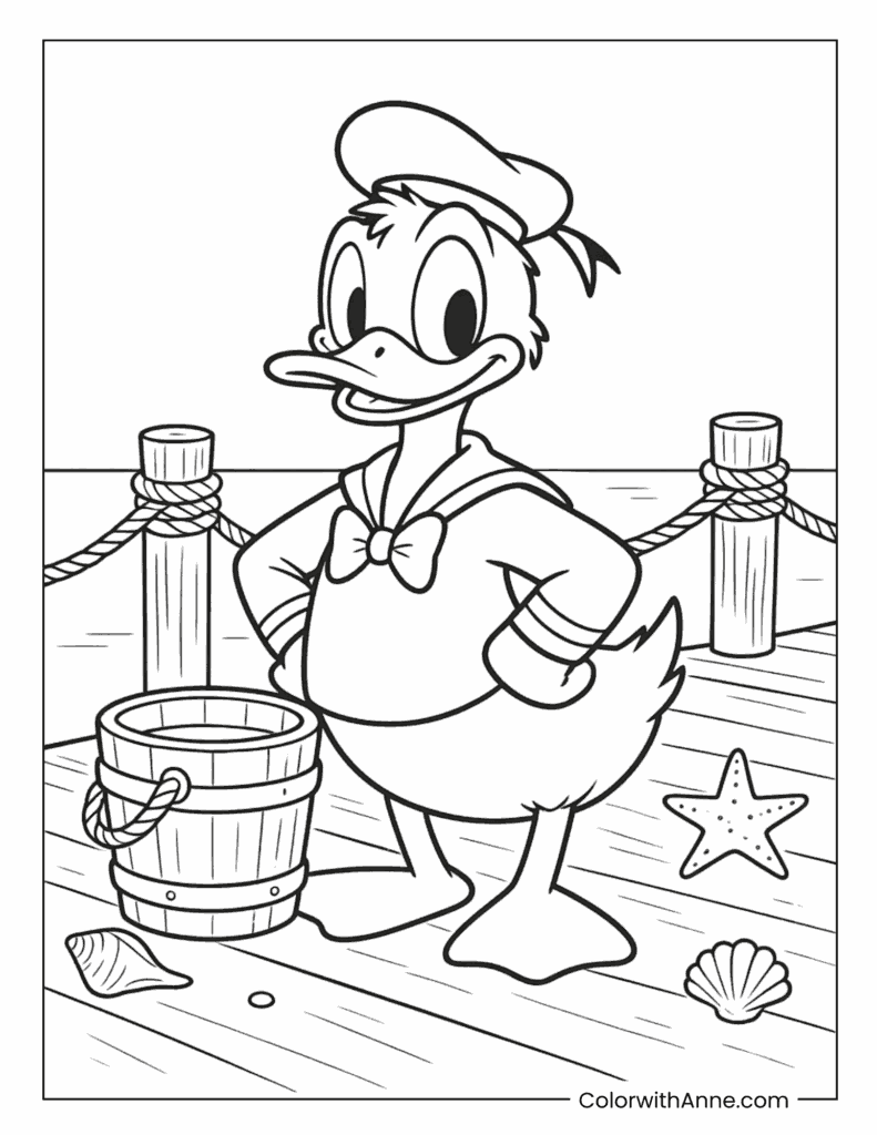 Donald Duck Beside Beach Barrels Coloring Page