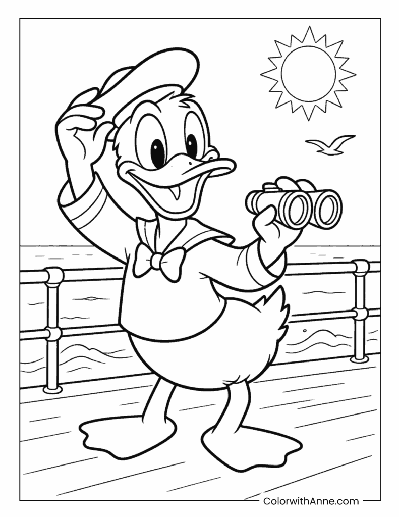 Donald Duck Holding Binoculars On Deck Coloring Page