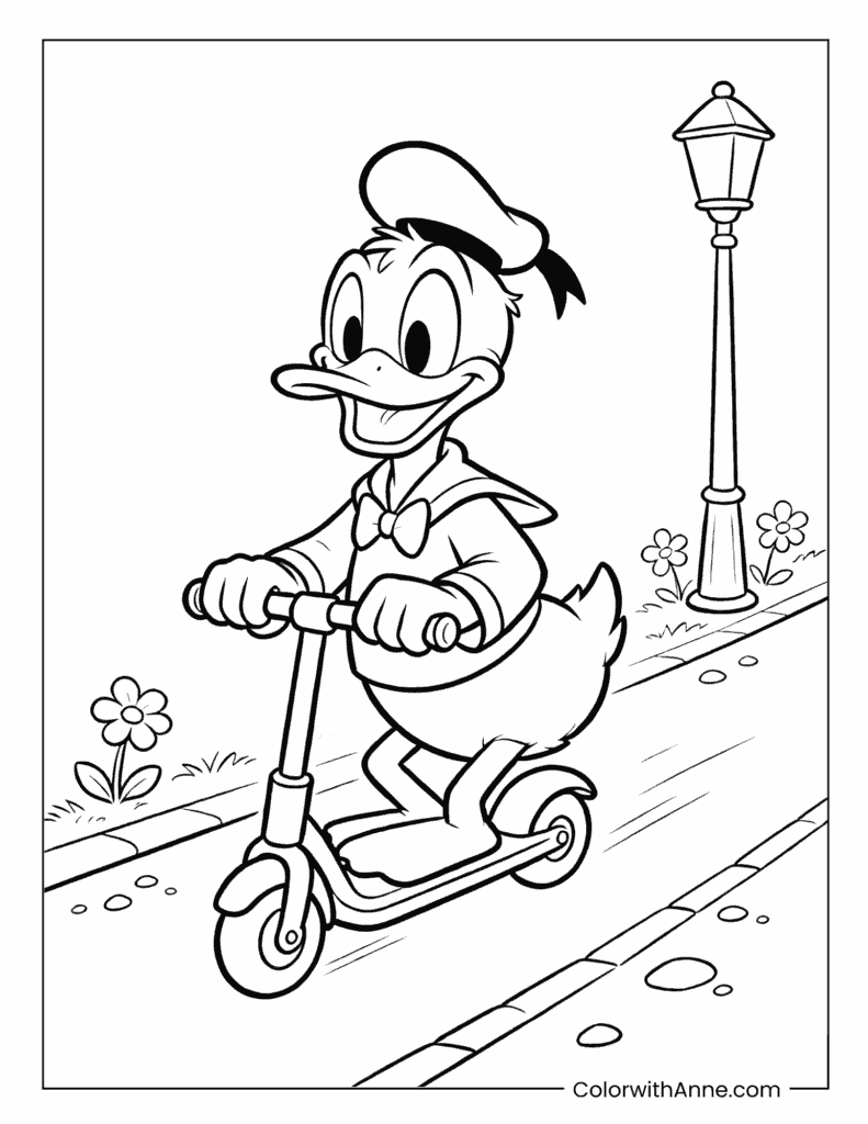 Donald Duck Riding a Scooter Coloring Page